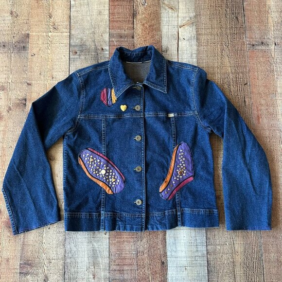 Lizwear Jeans Women's Upcycled Custom Button Up Denim Jacket Studded Patches - Picture 1 of 10